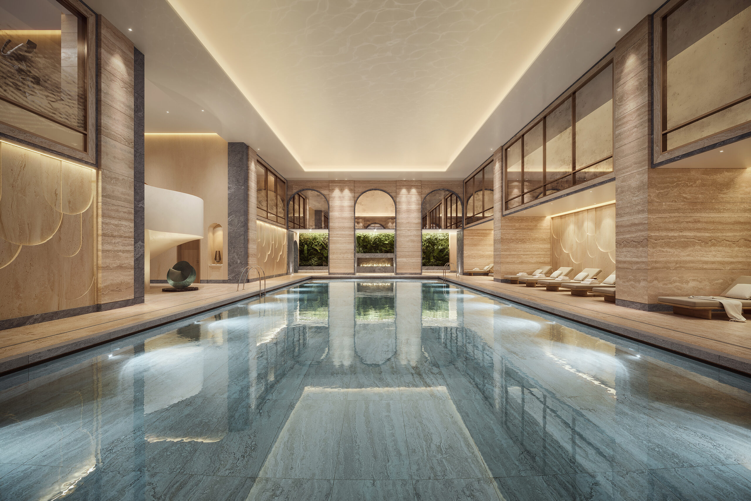 Picture of an opulent looking indoor swimming pool at Raffles London at The OWO