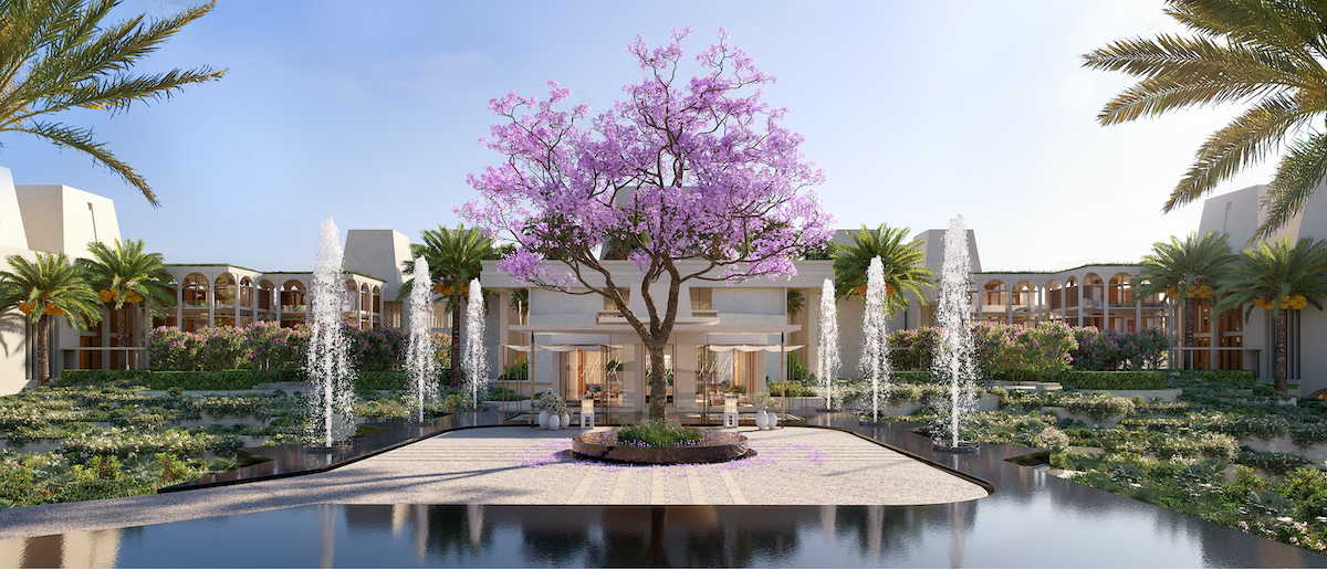 outside spa area with pool and cheery blossom tree