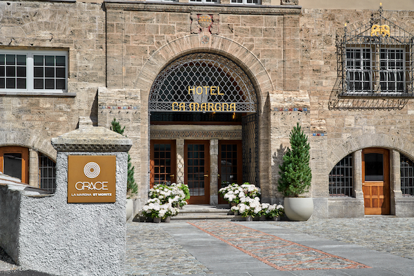 historic hotel entrance at St Moritz