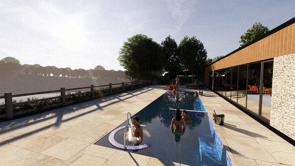 Render of an outdoor hydro pool with views over a lake