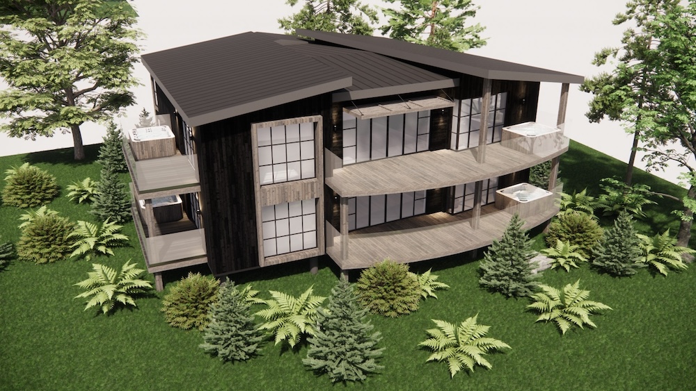 A render of a forest lodge house