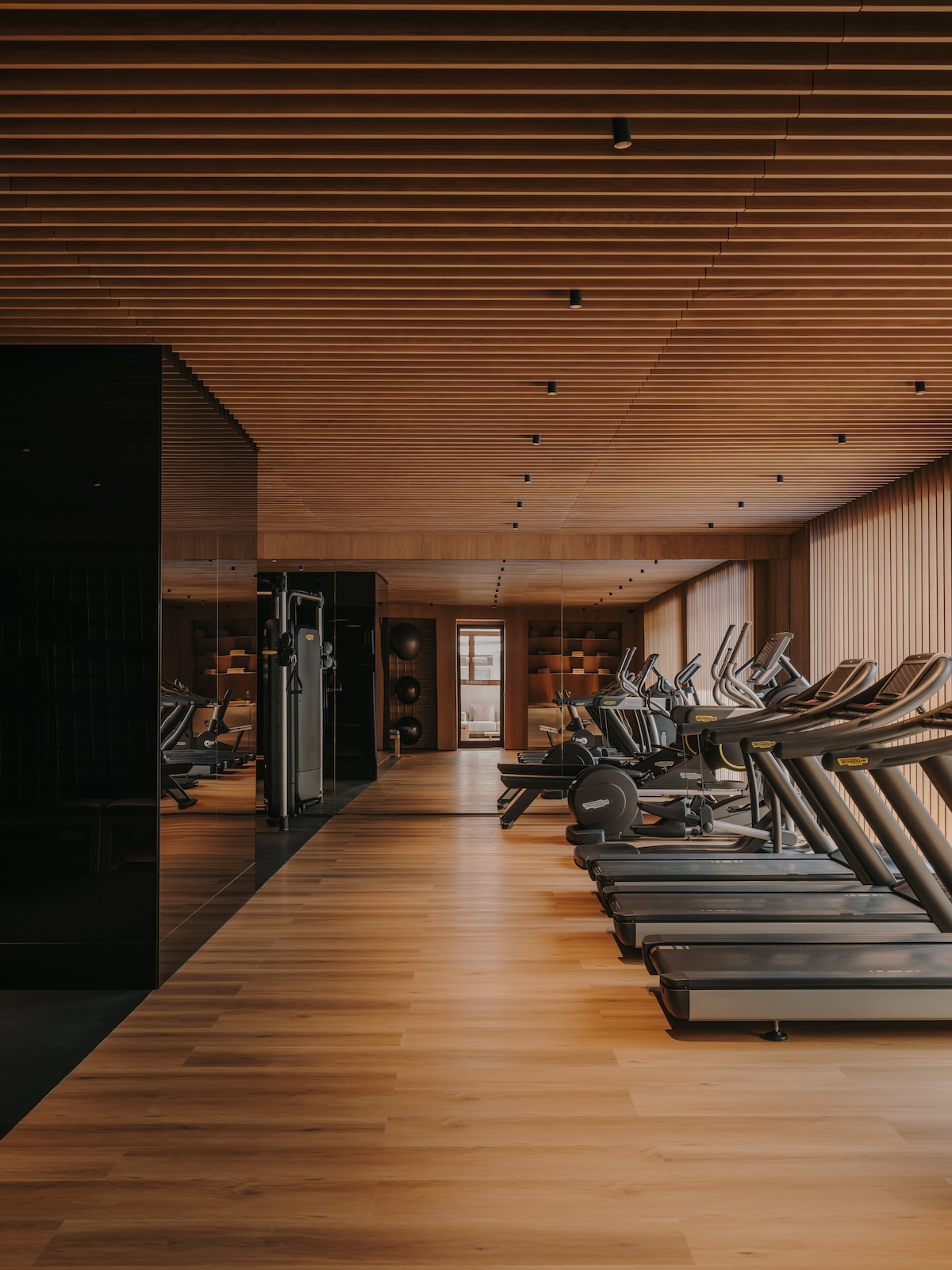 A wood panelled gym space