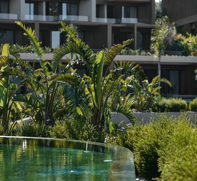 A close up of a pool with a hotel in the background