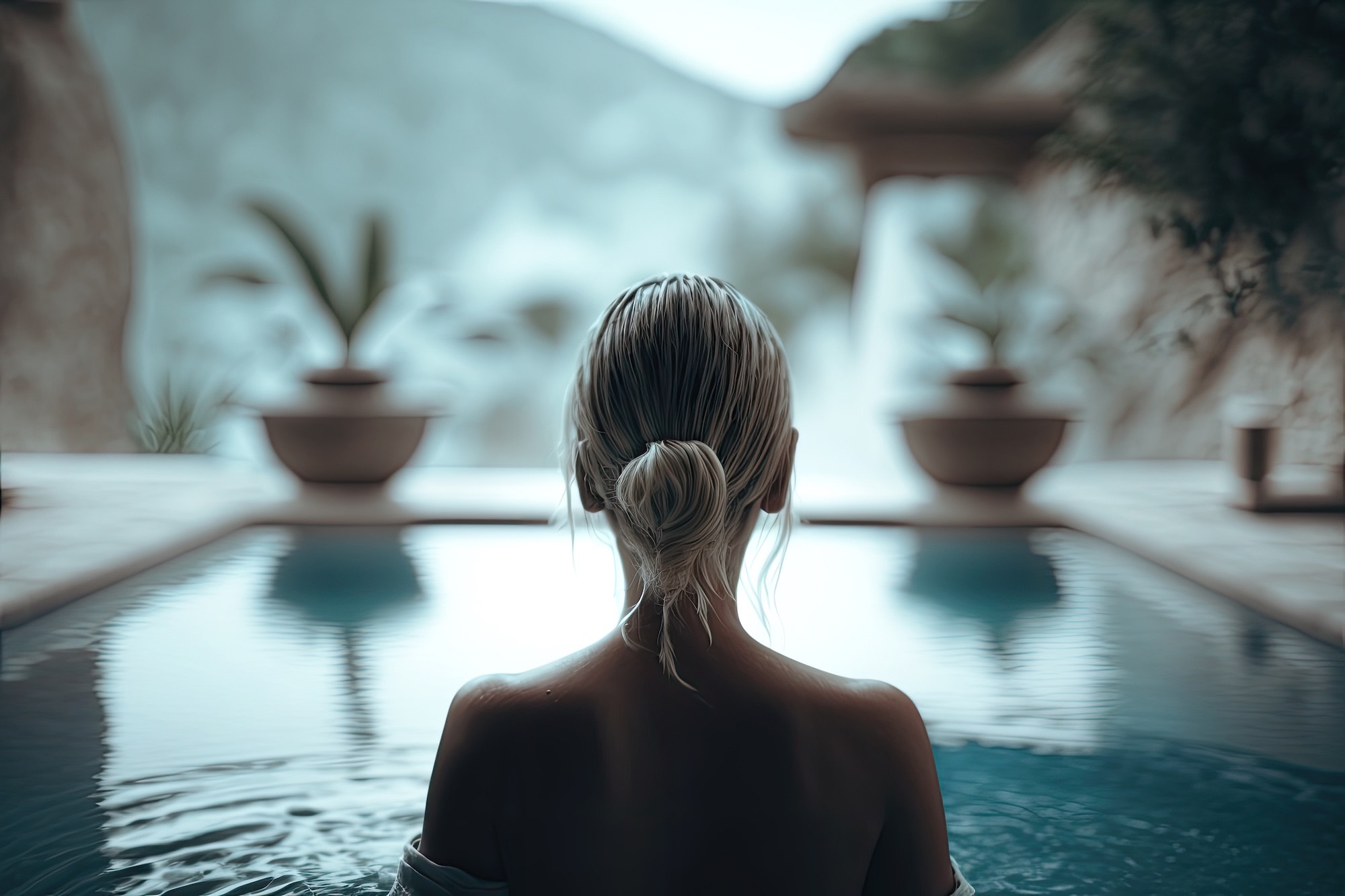 woman from behind relaxing in a jacuzzi.