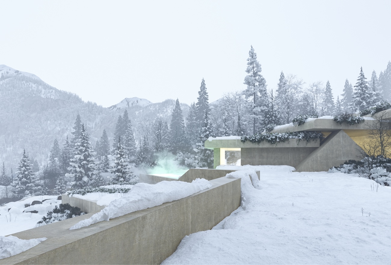 A snowy scene with an outdoor spa pool