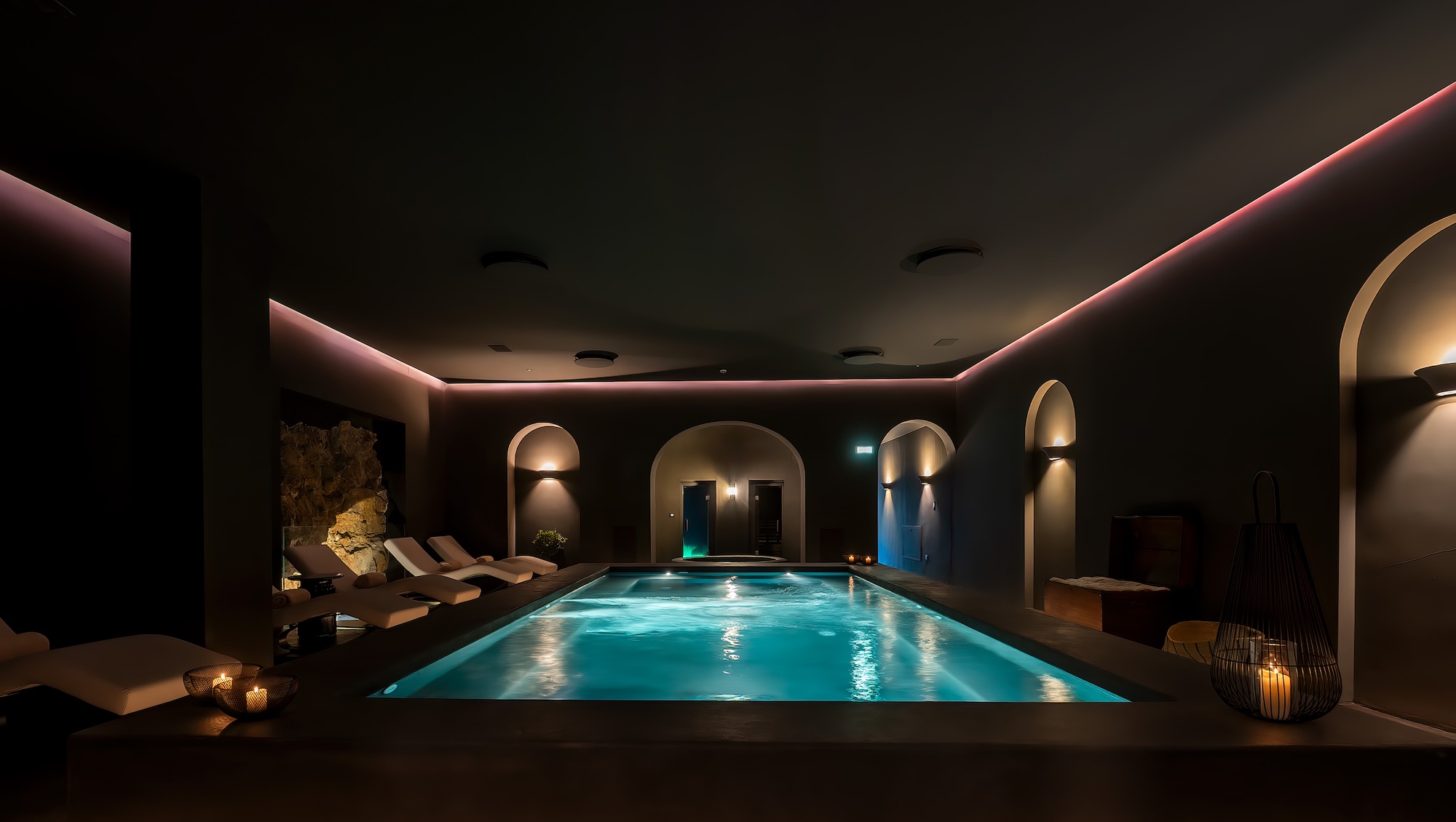 A swimming pool in a darkened subterranean room