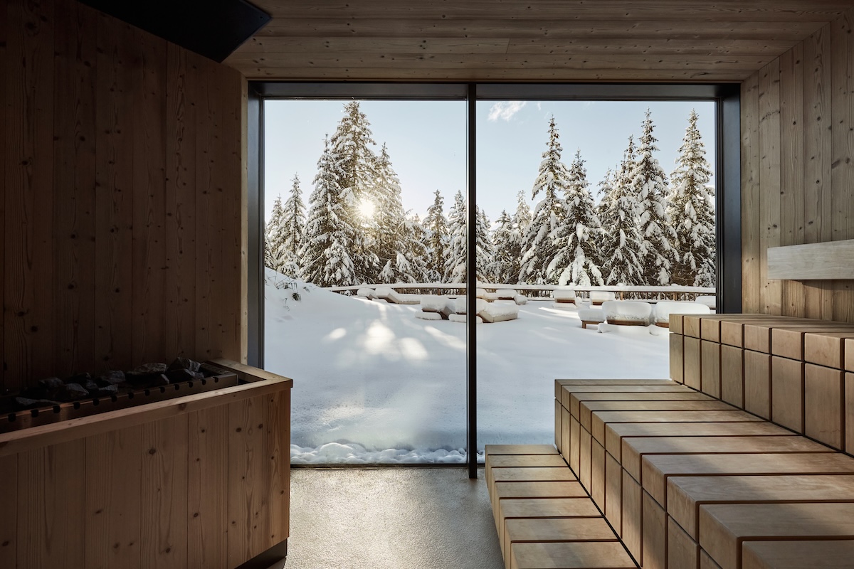 Sauna overlooking a snowy view