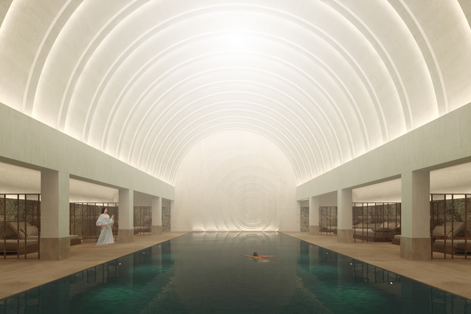 A underground pool under a domed ceiling