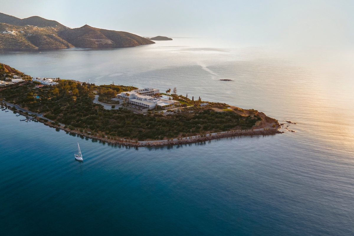 An aerial view of a greek resort on an island