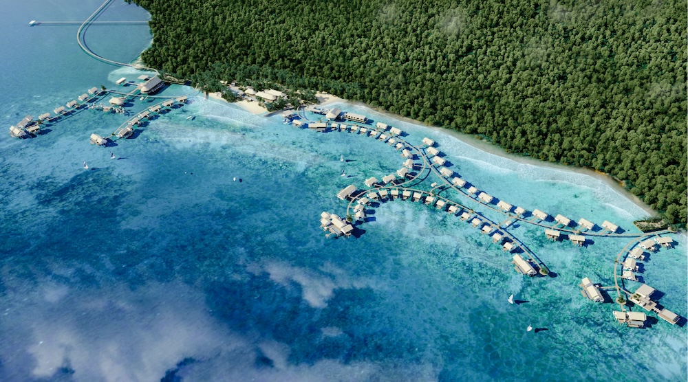 Arial view of a luxury resort with overwater villas