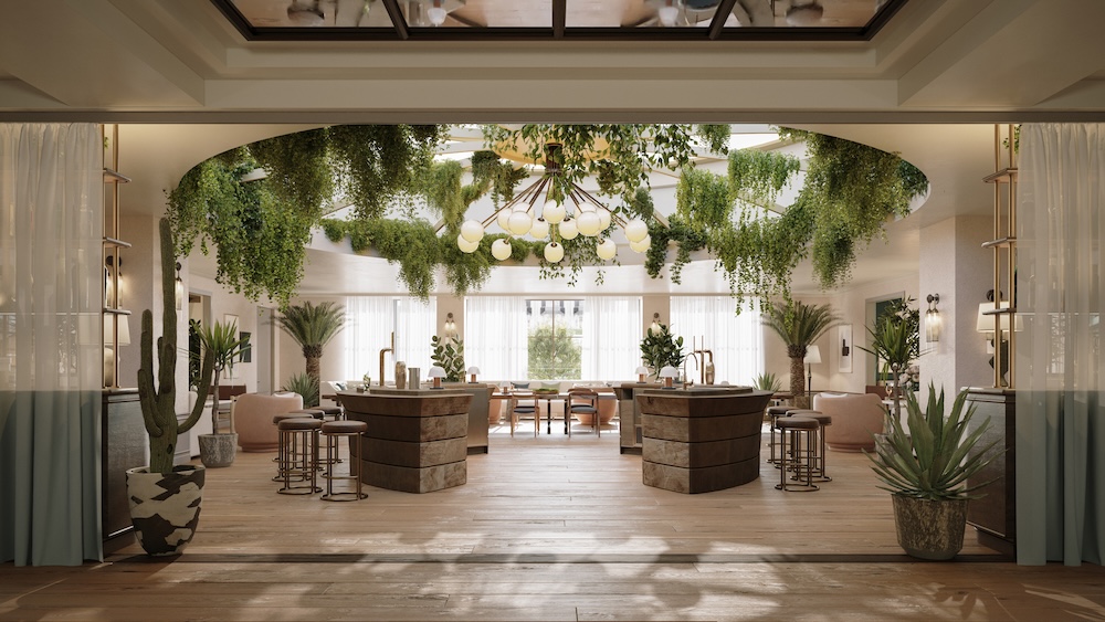 A members area in a high end hotel peppered with greenery