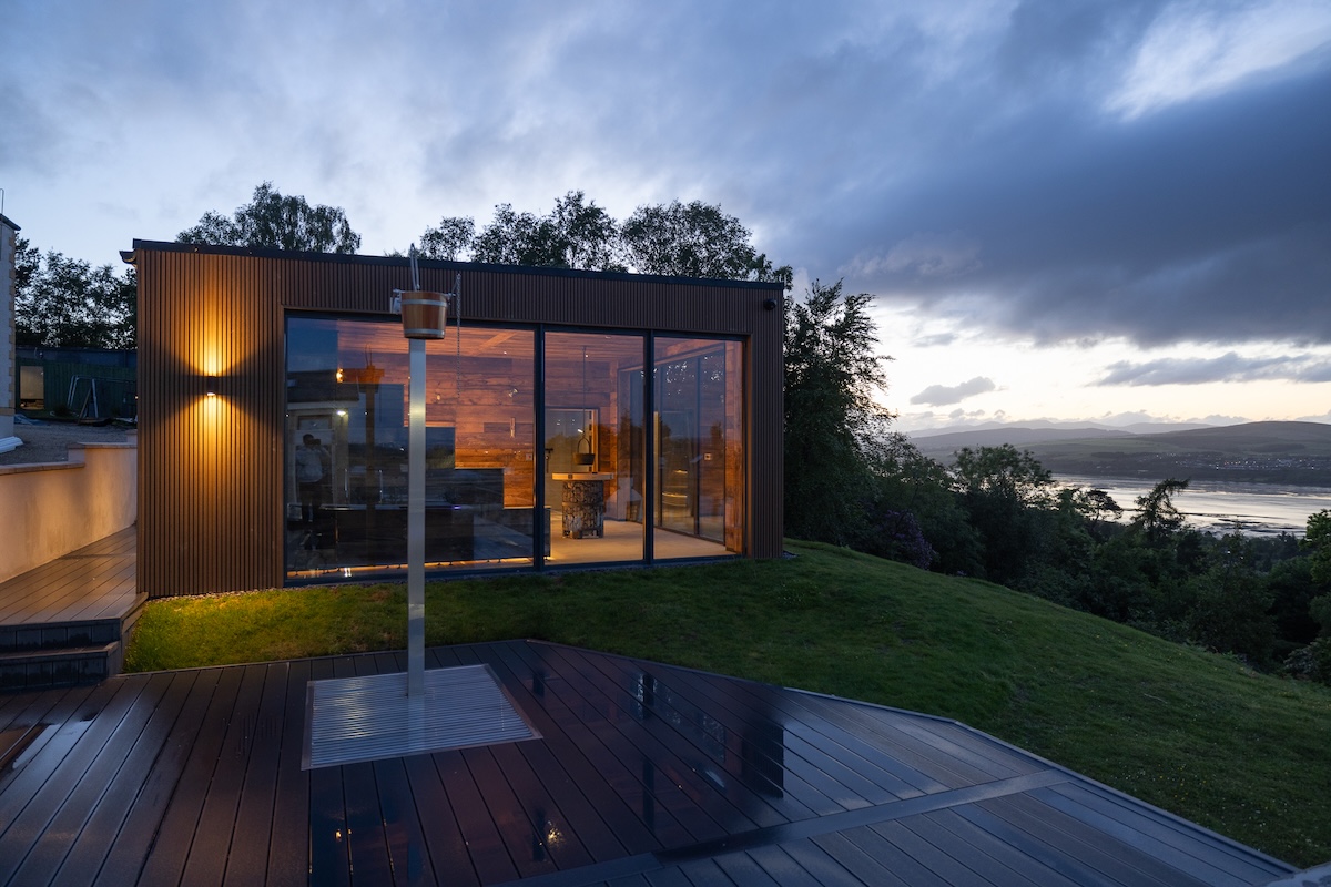 A large outdoor sauna overlooking a panoramic view