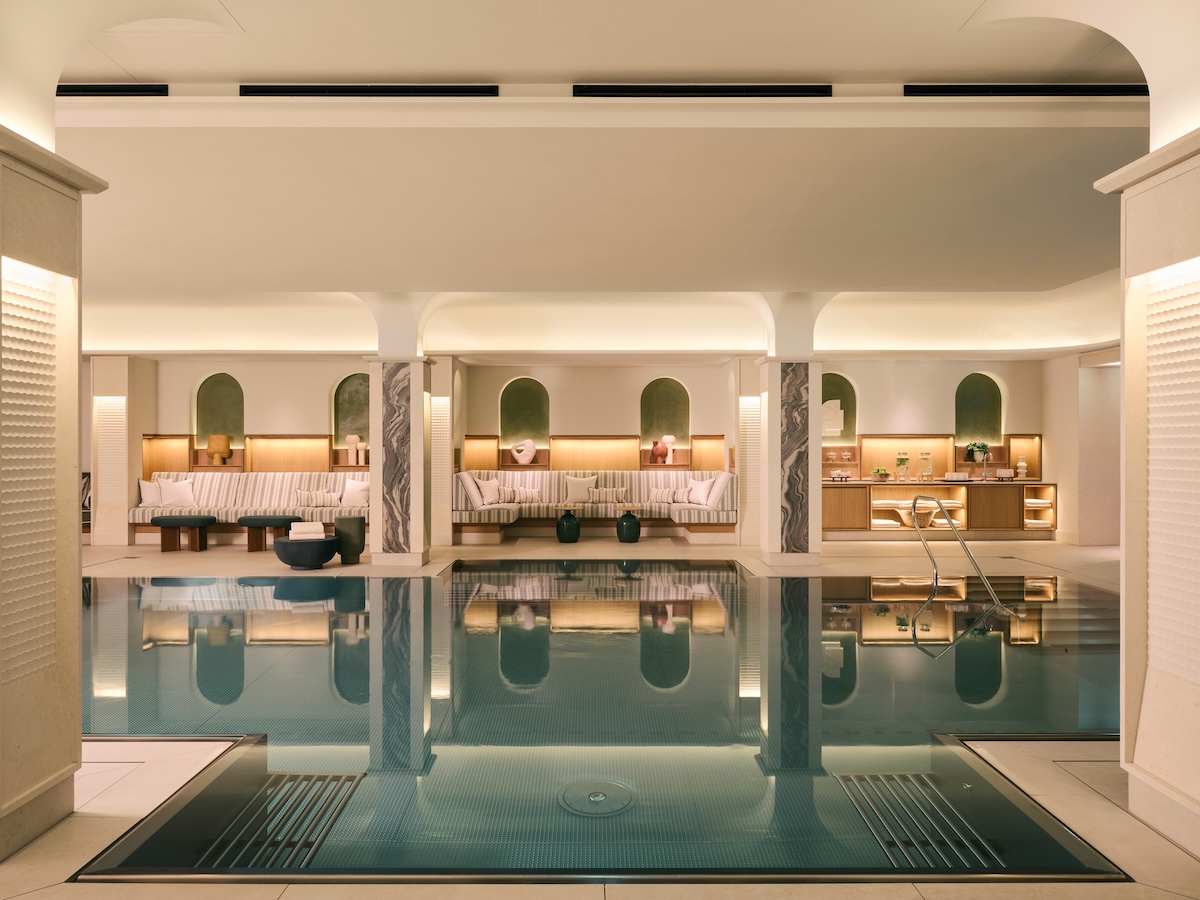 A swimming pool inside a hotel