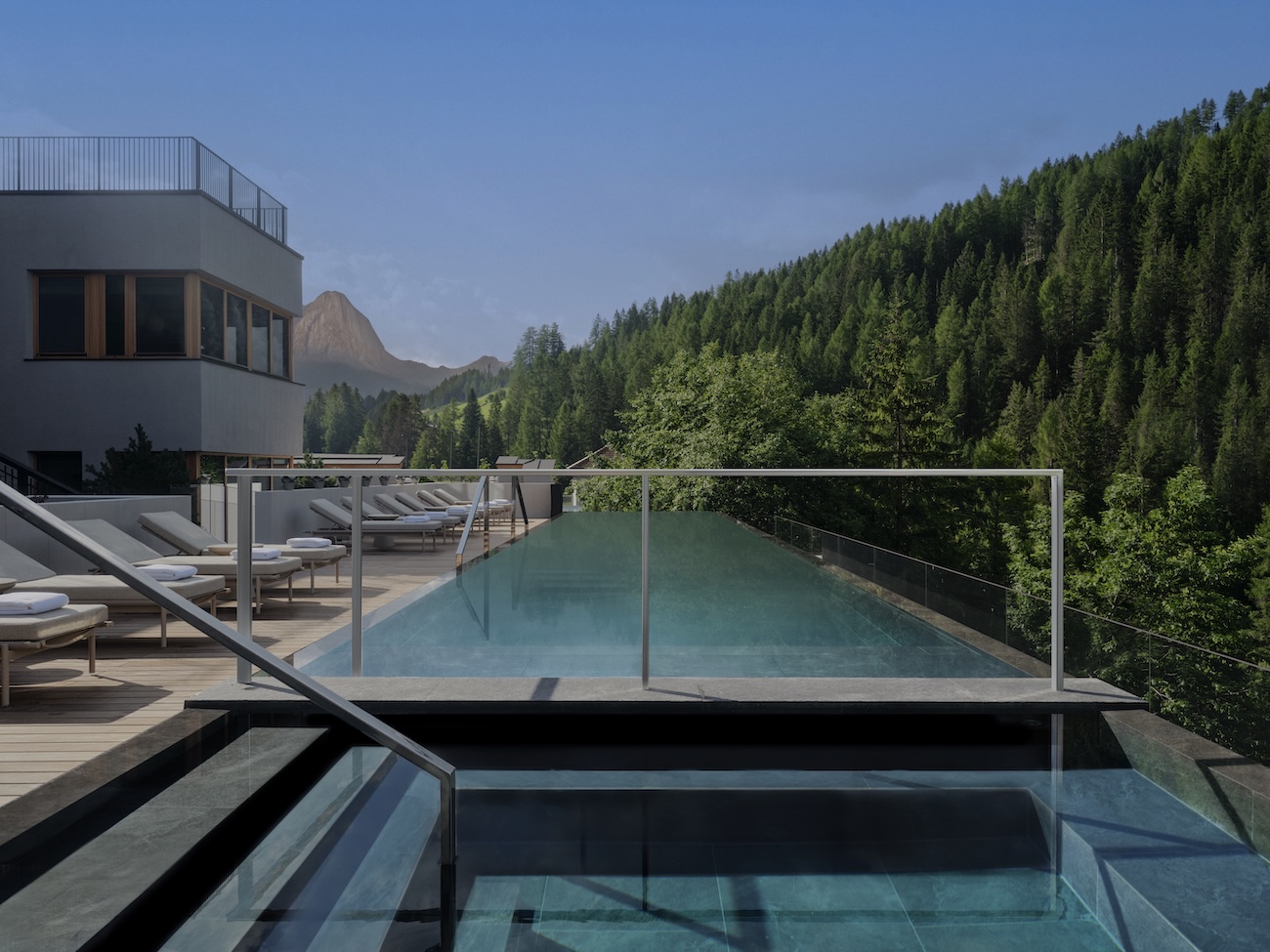 An outdoor pool in a spa in the Italian dolomites