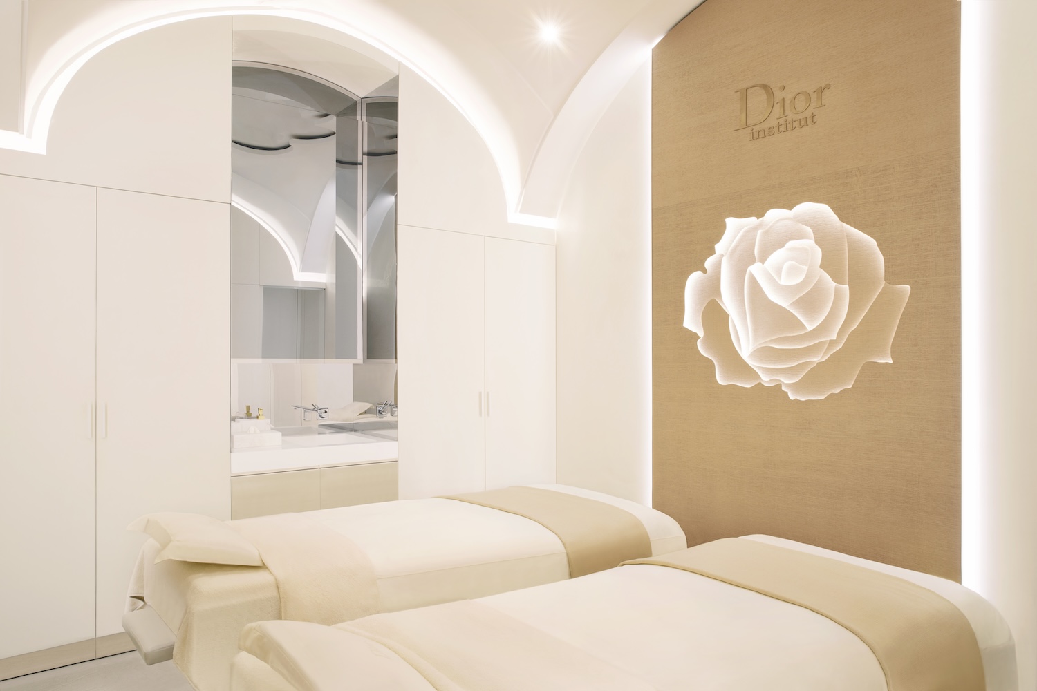 A Dior spa treatment room in light beige tones