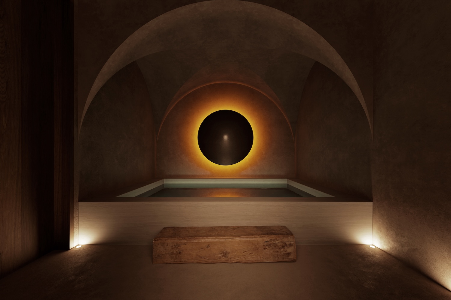 A salt pool in a darkened room in a spa