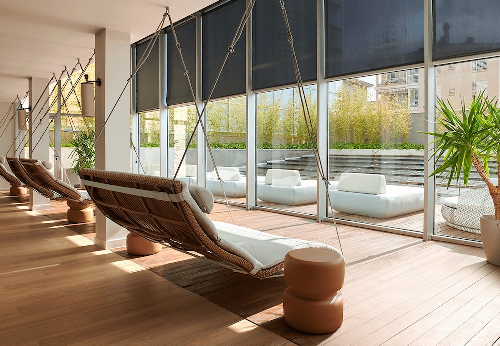Relaxation loungers lined up in a spa