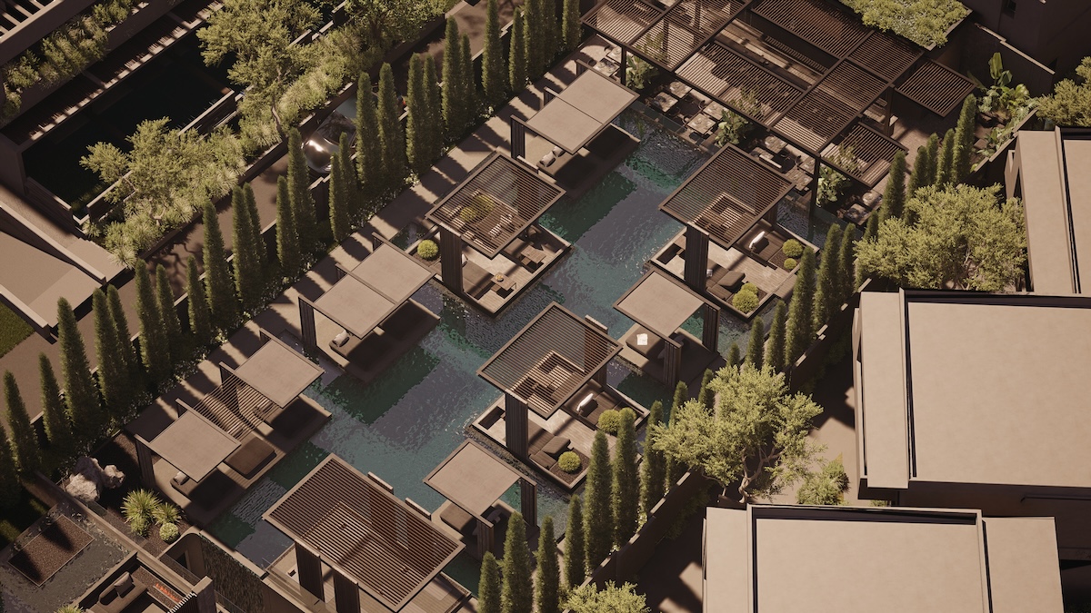 Aerial render of a Cretian spa hotel