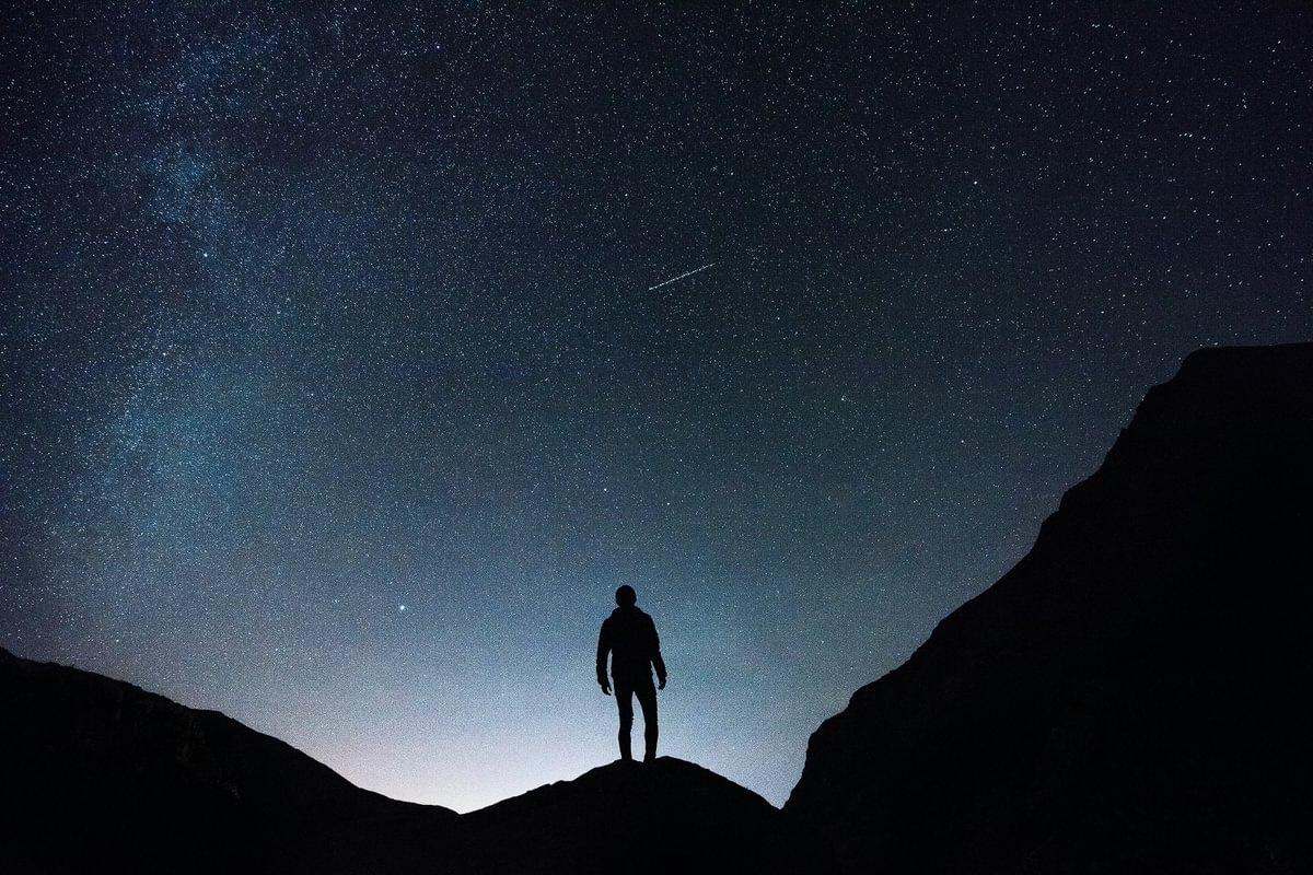 Man stood on a hill at night, with a starry moonlit background