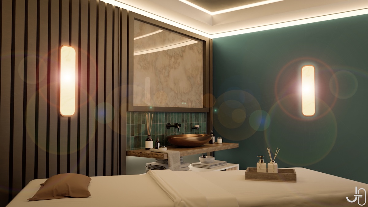 A treatment room with a treatment bed in a spa