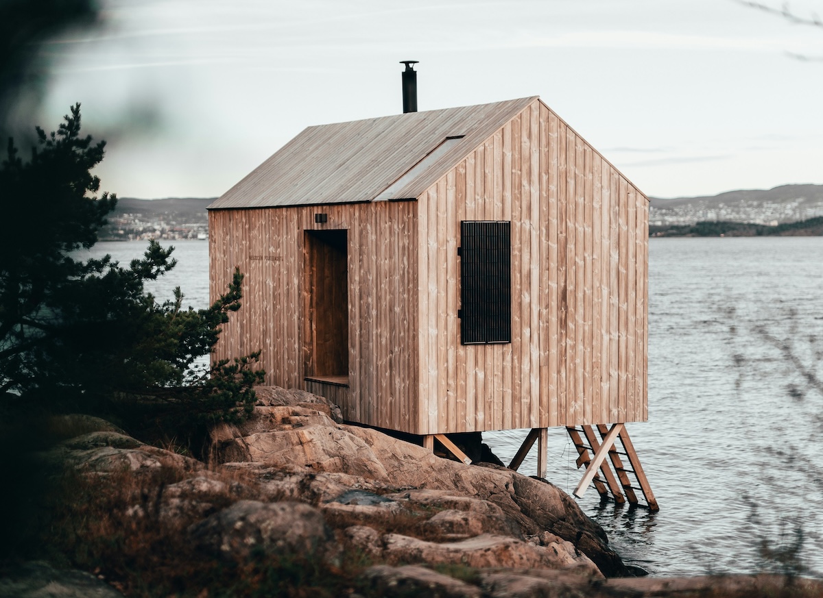 A floating sauna on a lake