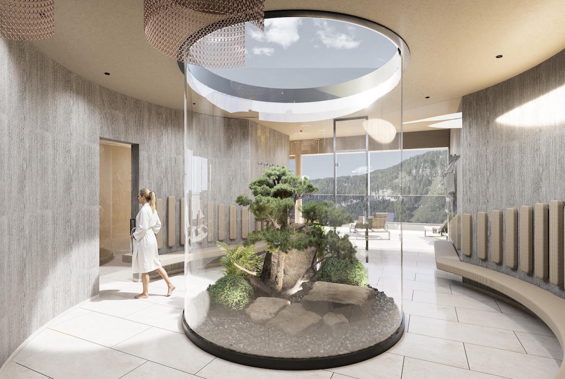A glass atrium at the centre of a spa