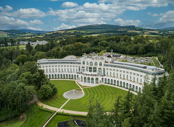 Aerial view of Powerscourt Hotel Resort & Spa in the Irish countryside