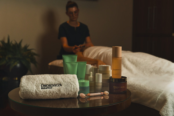 Spa treatment room with skincare products