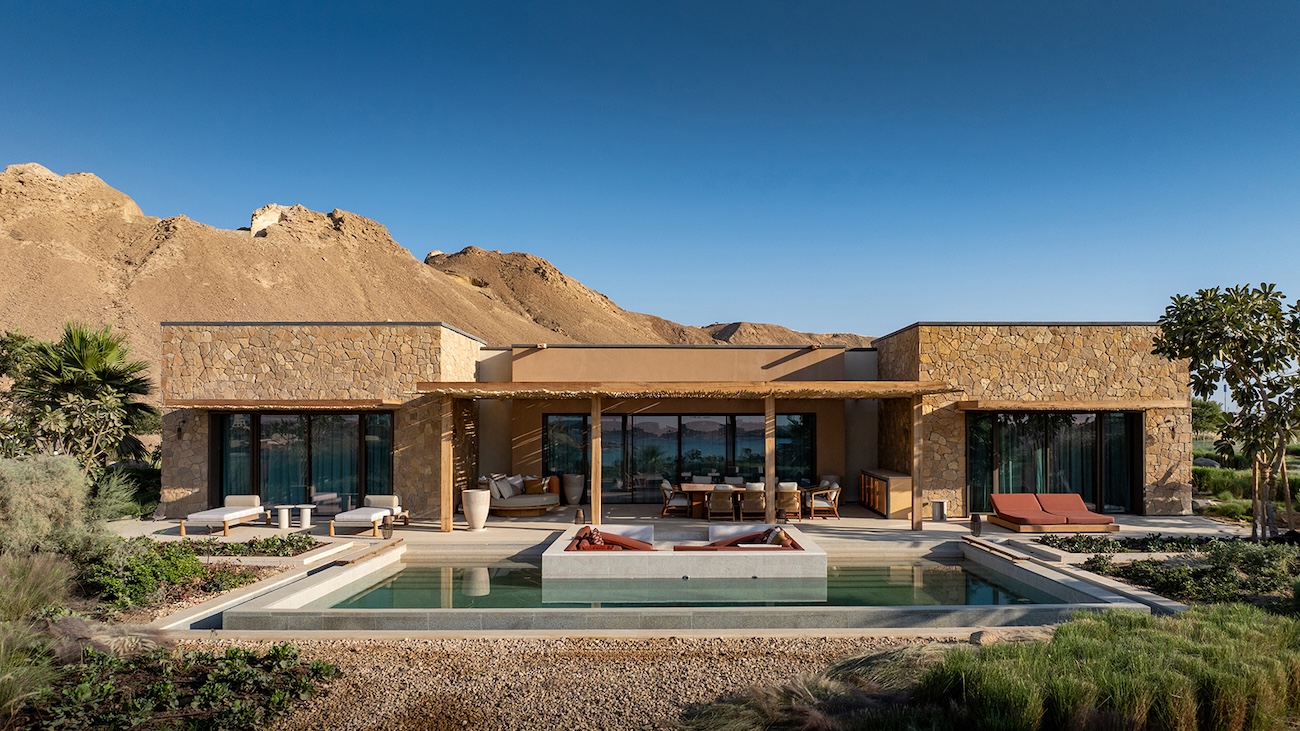 Outdoor view of a luxury wellness resort in the sunshine