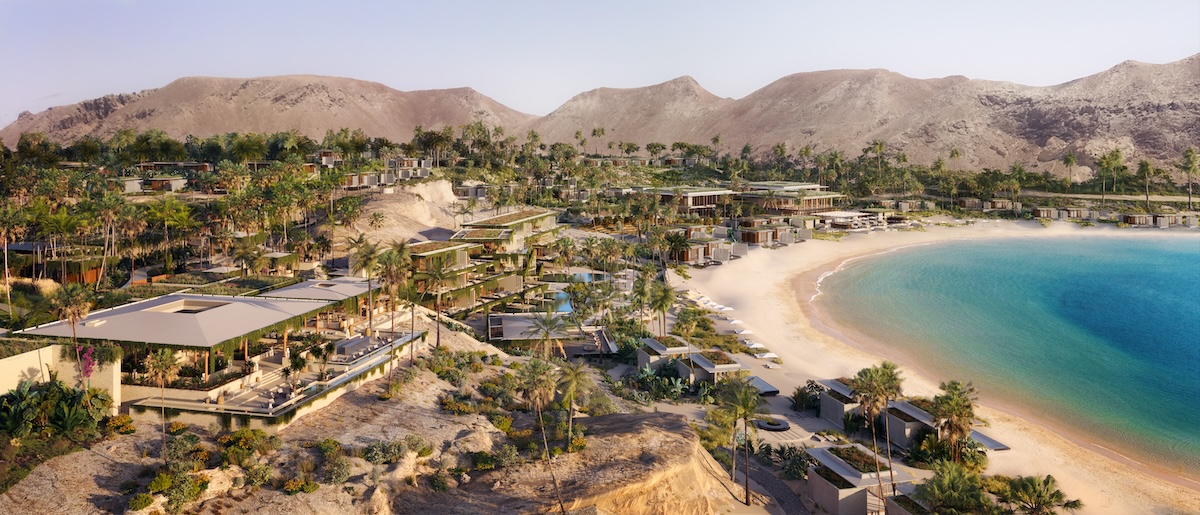 A render image of a beachside resort from the air