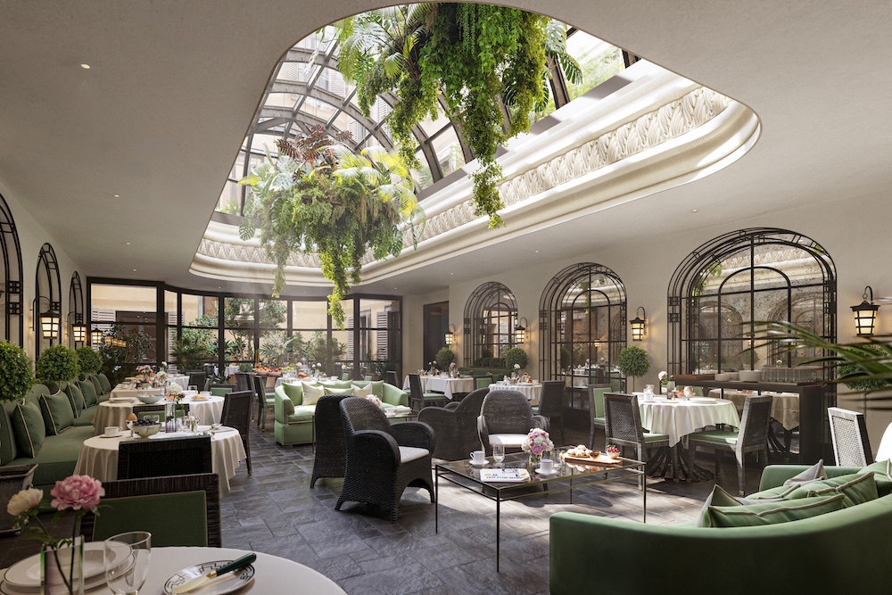 A hotel restaurant with domes glass ceiling