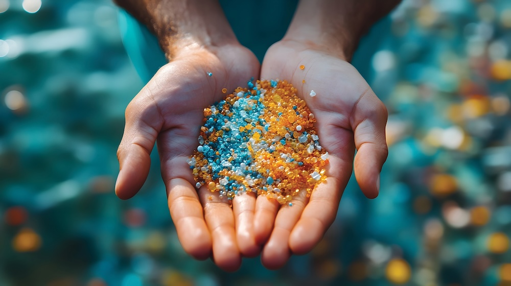 Manos presentando un concepto de defensa medioambiental libre de microplásticos. Imagen conceptual y motivacional para concienciar sobre la contaminación por plásticos y promover soluciones sostenibles.