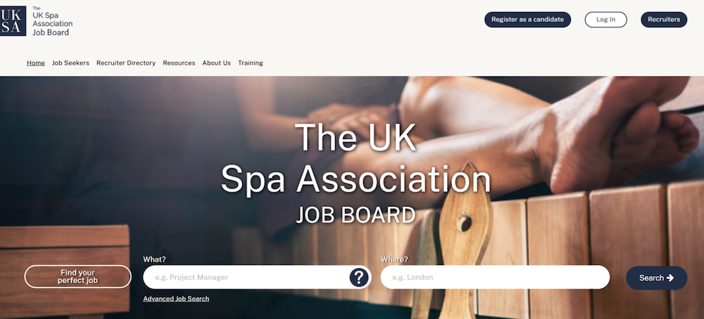 A home page of a spa jobs board