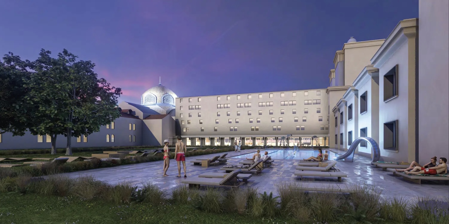 Render of a thermal bath at night