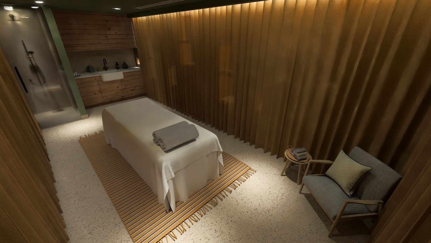 CGI image of a treatment room with bed in a spa