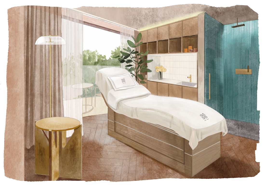 Artist's impression of a spa treatment room overlooking a river