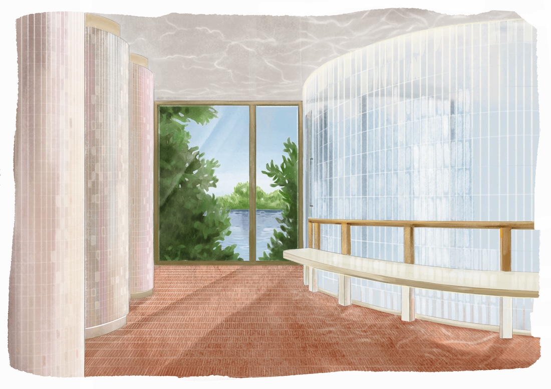 Artist's impression of a wet spa area overlooking a river