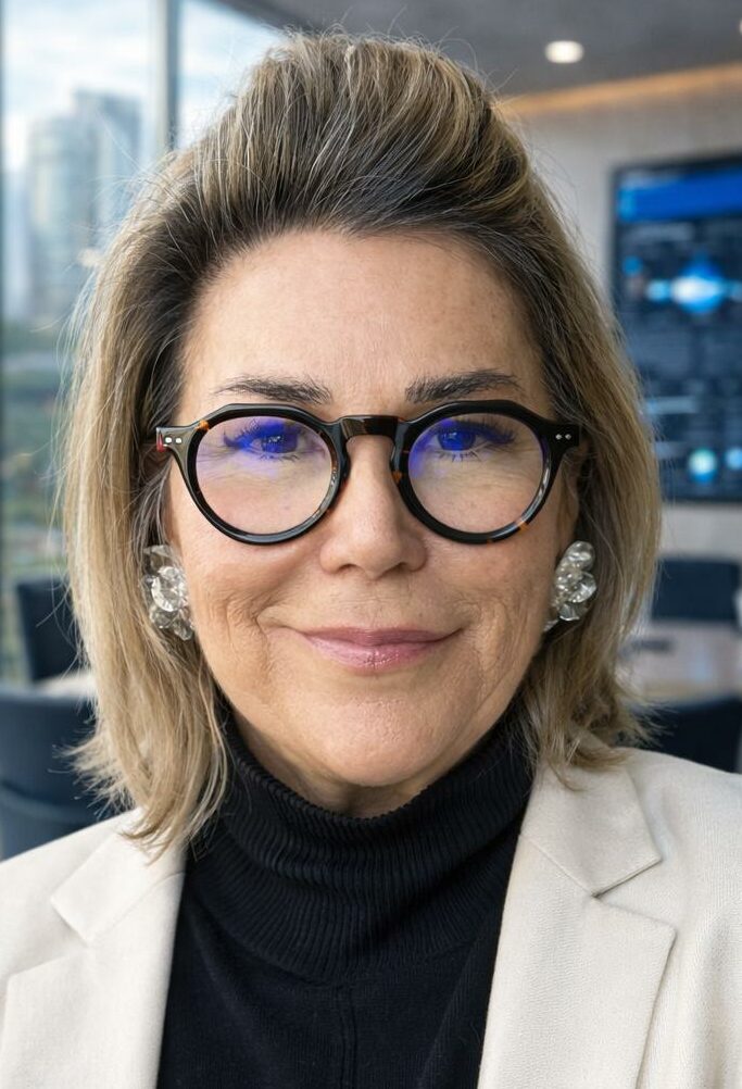 Headshot of woman in striking glasses and cream jacket