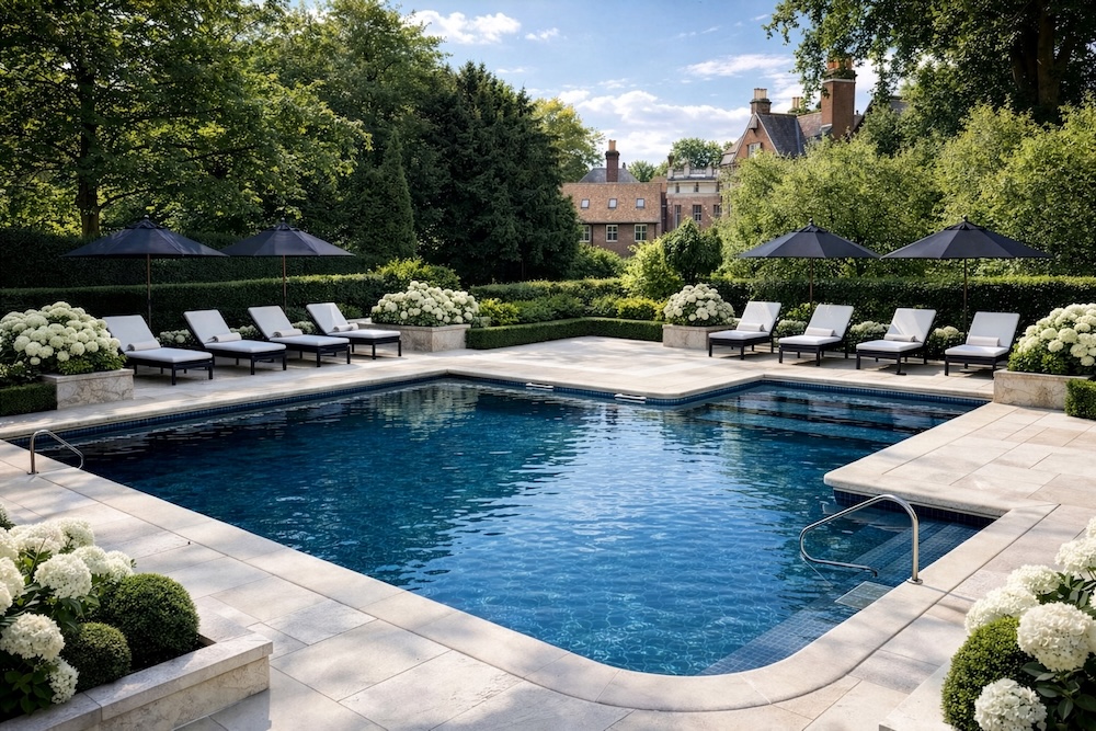 An outdoor pool in a hotel on a sunny day