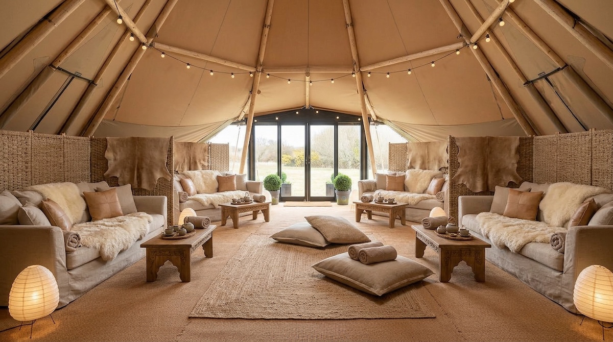 A yurt full of beige toned relaxation furniture