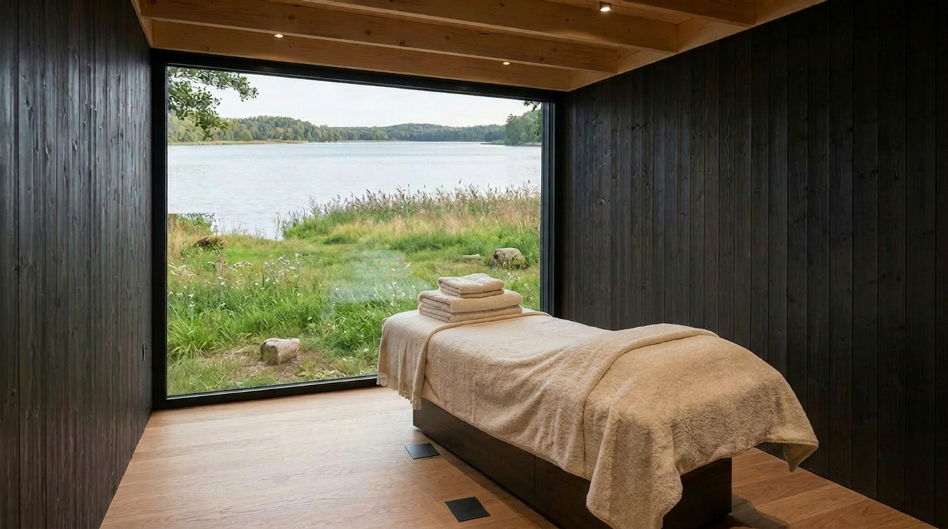Spa treatment room overlooking a lakeside wilderness
