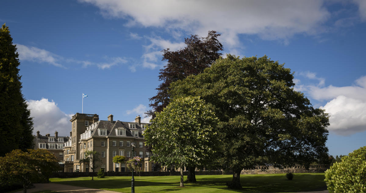 Grand Scottish hotel viewed from the outside on a sunny day