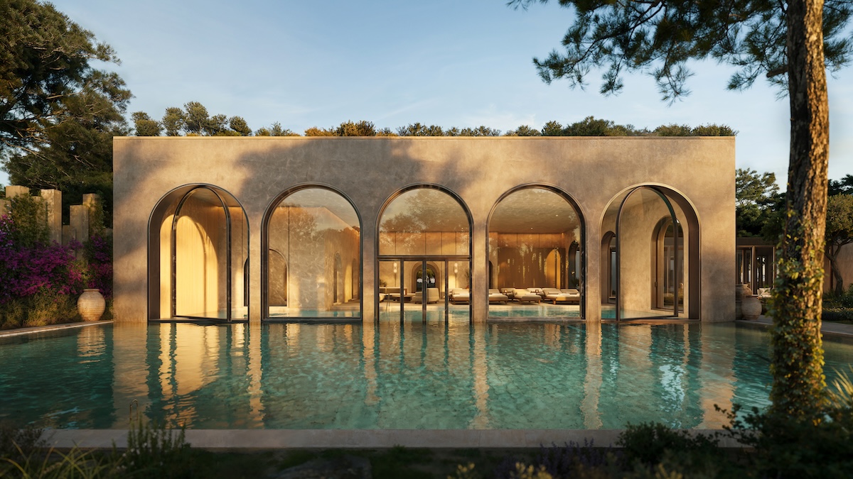 Outdoor render of a spa with outdoor pool