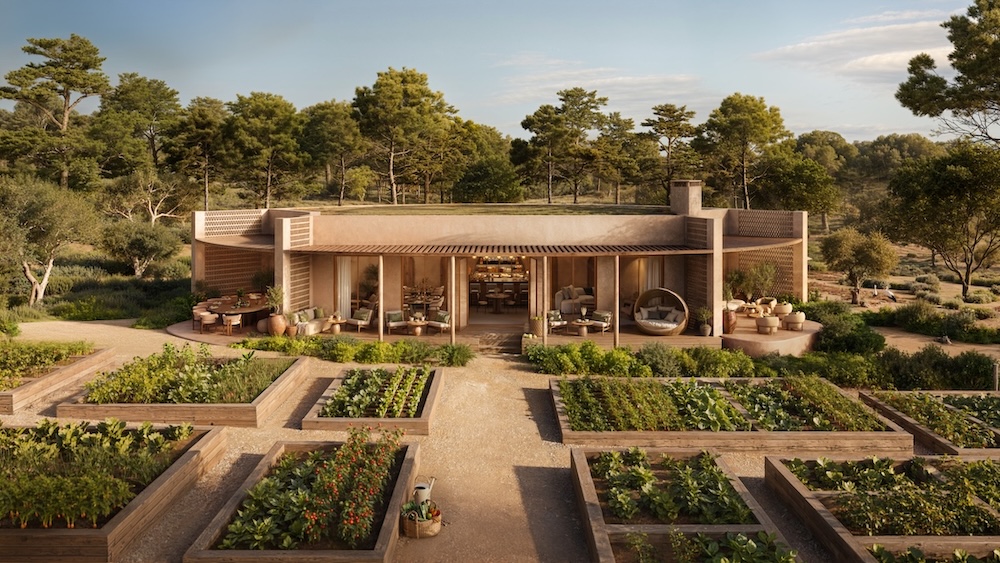 Render of a vegetable garden in front of a low lying building