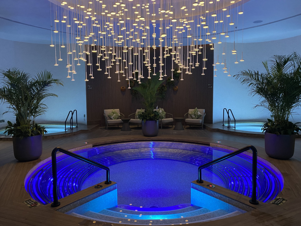 Blue lit hydropool in a spa