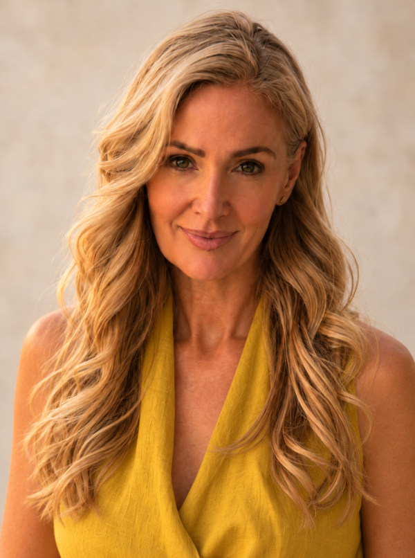 Blonde woman in mustard top