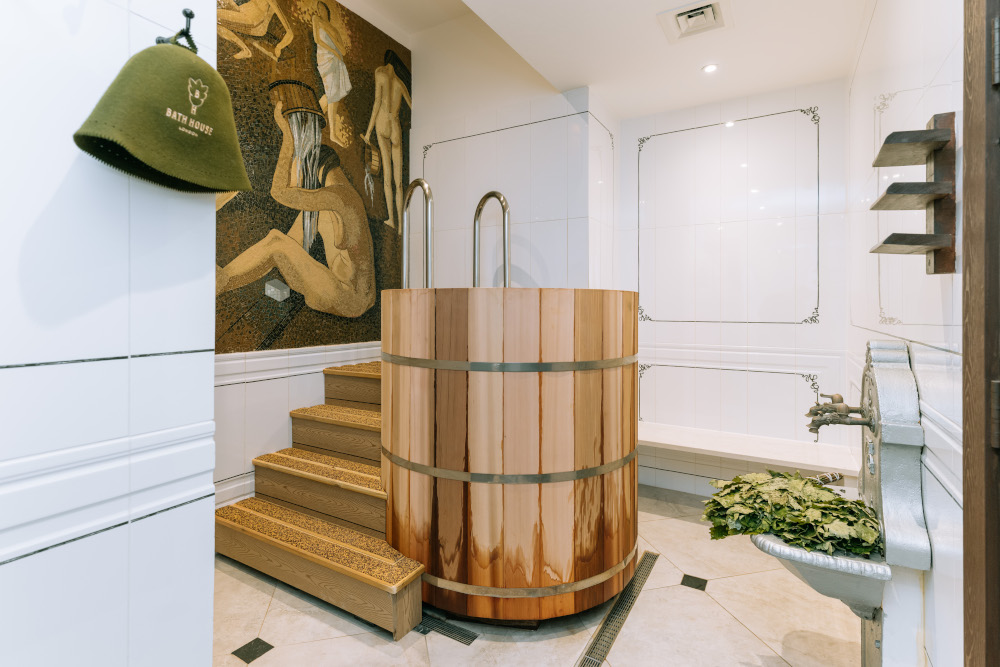 Wooden cold plunge pool in a spa