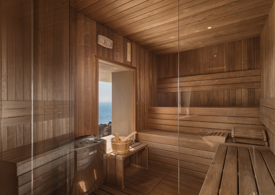 Sauna with a sea view window